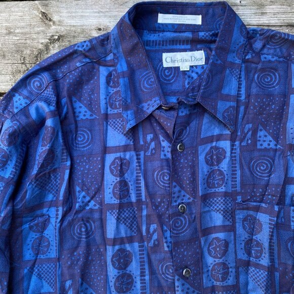 Vintage 1997 Christian Dior Circle Pattern Button Up Dress Shirt XL Blue - Picture 7 of 8